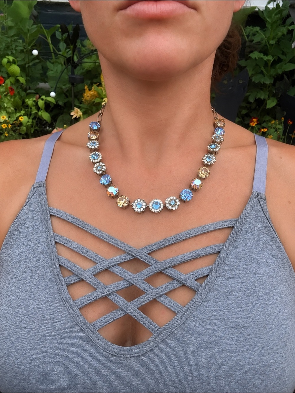 Mariana Swarvoski Crystal Blue Champagne Aurora Borealis Floral Necklace - Picture 3 of 11